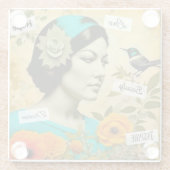 美しいヴィンテージと鳥と花を持つ女性 ガラスコースター (裏面)