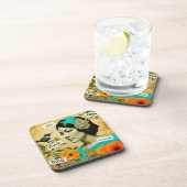 美しいヴィンテージと鳥と花を持つ女性 コースター (右側)