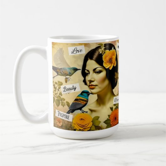 美しいヴィンテージと鳥と花を持つ女性 コーヒーマグカップ (左)