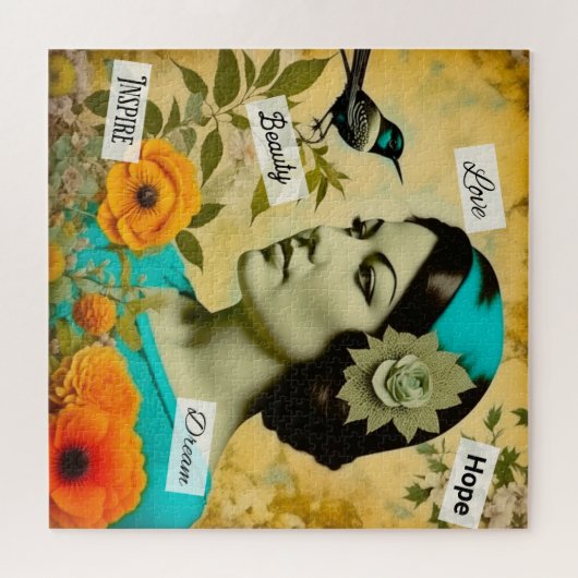 美しいヴィンテージと鳥と花を持つ女性 ジグソーパズル (横)