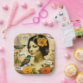 美しいヴィンテージと鳥と花を持つ女性 ペーパープレート (パーティー)