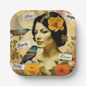 美しいヴィンテージと鳥と花を持つ女性 ペーパープレート (正面)