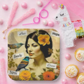 美しいヴィンテージと鳥と花を持つ女性 ペーパープレート (パーティー)