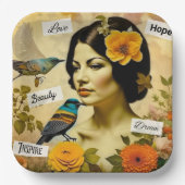 美しいヴィンテージと鳥と花を持つ女性 ペーパープレート (正面)