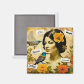 美しいヴィンテージと鳥と花を持つ女性 マグネット (正面/裏面)