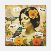 美しいヴィンテージと鳥と花を持つ女性 マグネット (正面)