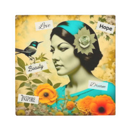 美しいヴィンテージと鳥と花を持つ女性 メタルプリント