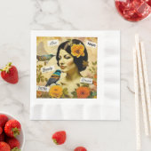 美しいヴィンテージと鳥と花を持つ女性 縁ありランチョンナプキン (インサイチュ)