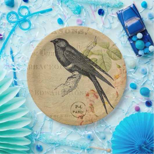 美しいヴィンテージのつばめの鳥の花柄のコラージュ ペーパープレート (パーティー)