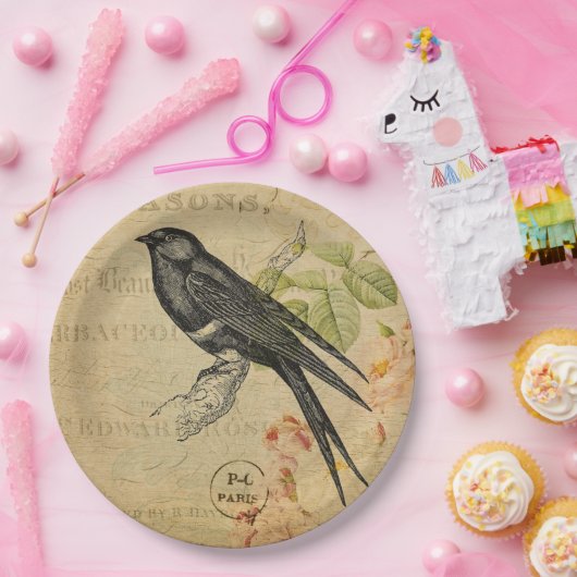 美しいヴィンテージのつばめの鳥の花柄のコラージュ ペーパープレート (パーティー)