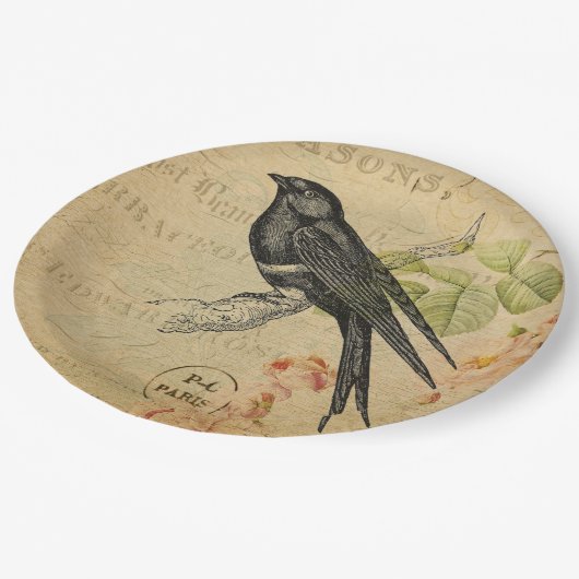 美しいヴィンテージのつばめの鳥の花柄のコラージュ ペーパープレート (アングル)