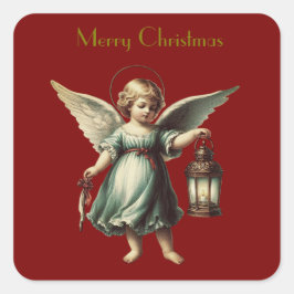美しいヴィンテージのクリスマスエンジェルとランタン スクエアシール