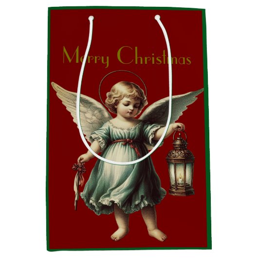 美しいヴィンテージのクリスマスエンジェルとランタン ミディアムペーパーバッグ (正面)