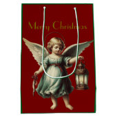 美しいヴィンテージのクリスマスエンジェルとランタン ミディアムペーパーバッグ (裏面)