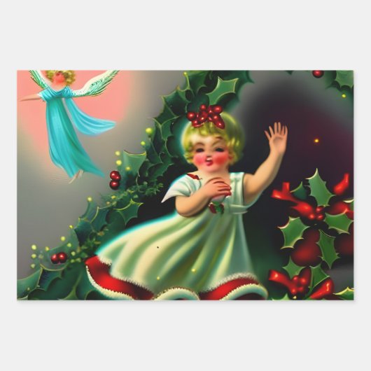美しいヴィンテージのクリスマスエンジェルズデコページ ラッピングペーパーシート (正面)