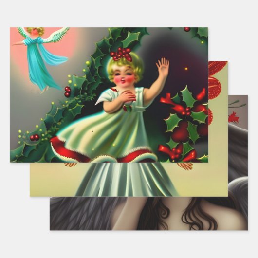 美しいヴィンテージのクリスマスエンジェルズデコページ ラッピングペーパーシート (セット)