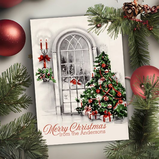 美しいヴィンテージのクリスマスツリーと窓カスタム シーズンカード