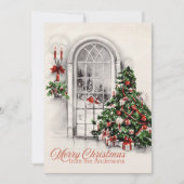 美しいヴィンテージのクリスマスツリーと窓カスタム シーズンカード (正面)