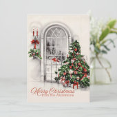 美しいヴィンテージのクリスマスツリーと窓カスタム シーズンカード (スタンド正面)