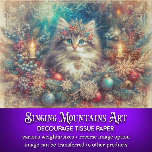 美しいヴィンテージのクリスマスデコ猫デコパージュ 薄葉紙