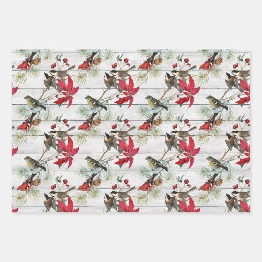 美しいヴィンテージのクリスマスバードパターン ラッピングペーパーシート (正面3)