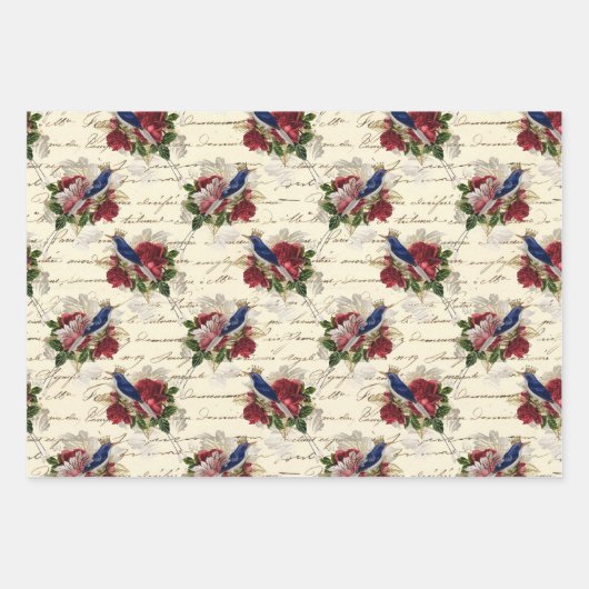 美しいヴィンテージのクリスマスバードパターン ラッピングペーパーシート (正面2)