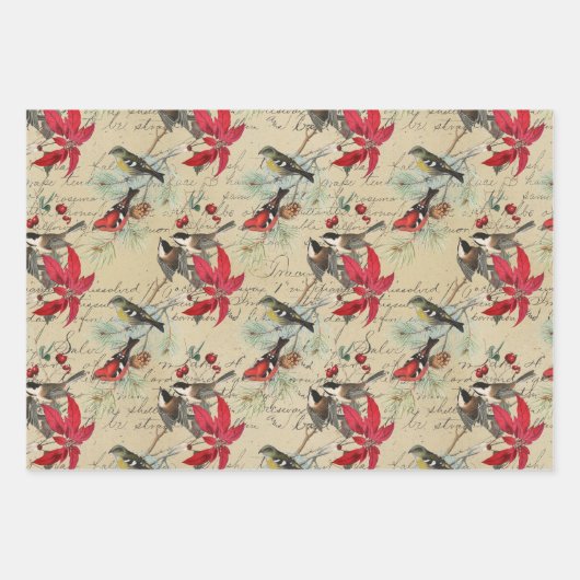 美しいヴィンテージのクリスマスバードパターン ラッピングペーパーシート (正面)