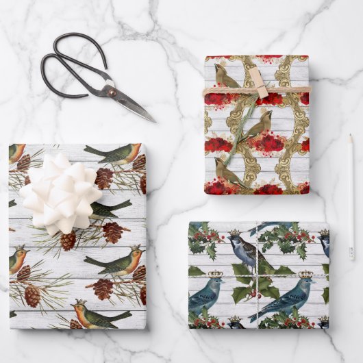 美しいヴィンテージのクリスマスバードパターン ラッピングペーパーシート (正面)
