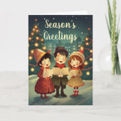 美しいヴィンテージのクリスマス・キャロラー冬の夜 シーズンカード (正面)