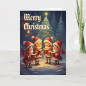 美しいヴィンテージのクリスマス・キャロラー冬の夜 シーズンカード (正面)