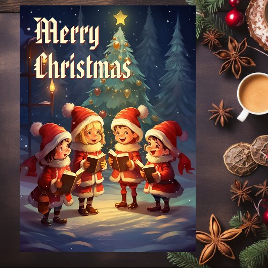 美しいヴィンテージのクリスマス・キャロラー冬の夜 シーズンカード