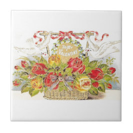 美しいヴィンテージのバレンタインの鳩及びバラのバスケット タイル