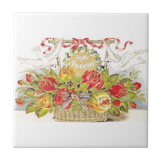 美しいヴィンテージのバレンタインの鳩及びバラのバスケット タイル (正面)