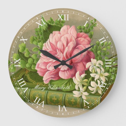 美しいヴィンテージのピンクのバラのプリントのローマ数字 ラージ壁時計 (正面)