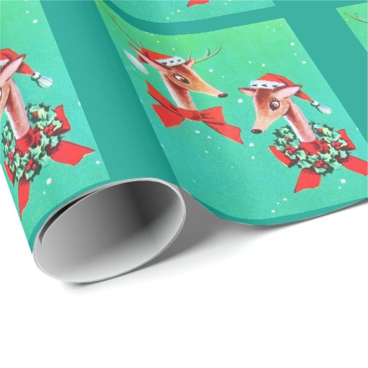 美しいヴィンテージの世紀半ばのトナカイ ラッピングペーパー (ロールコーナー)