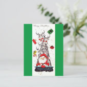 美しいヴィンテージの世紀半ばサンタ及びトナカイ シーズンポストカード (スタンド正面)