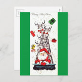美しいヴィンテージの世紀半ばサンタ及びトナカイ シーズンポストカード (正面/裏面)