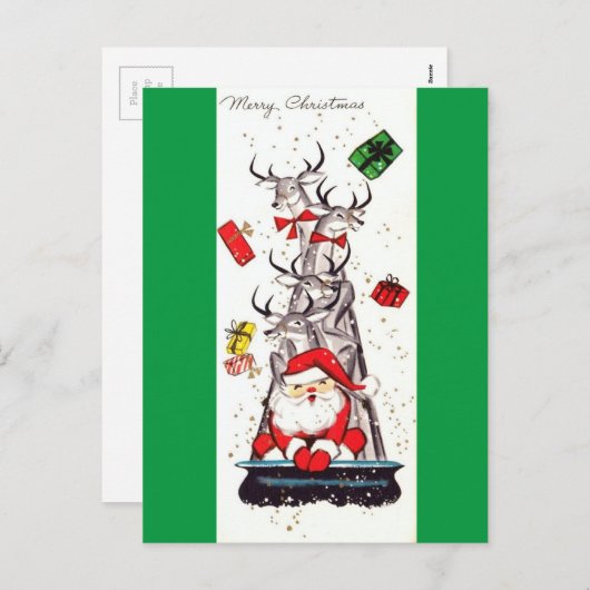 美しいヴィンテージの世紀半ばサンタ及びトナカイ シーズンポストカード (正面/裏面)