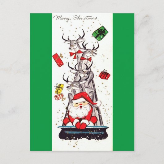美しいヴィンテージの世紀半ばサンタ及びトナカイ シーズンポストカード (正面)