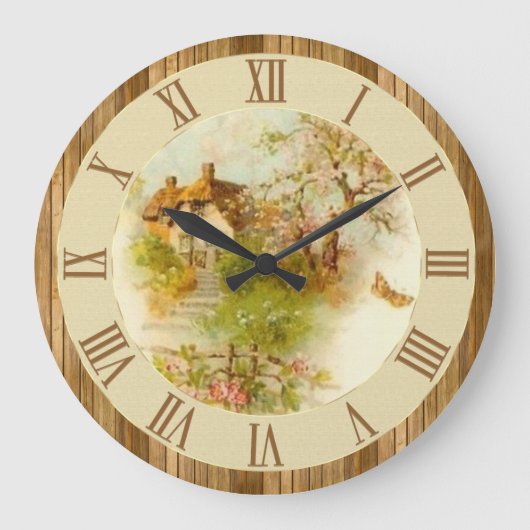 美しいヴィンテージの国のコテージ場面木 ラージ壁時計 (正面)