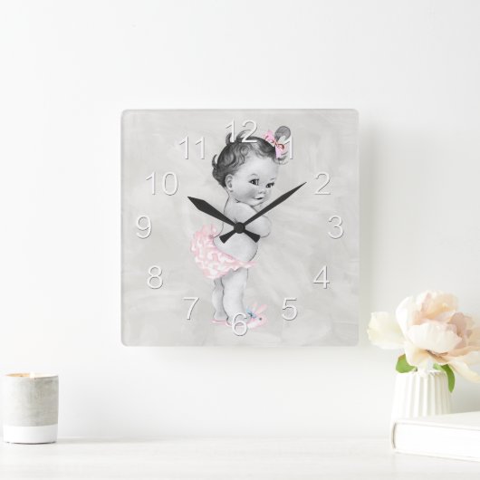美しいヴィンテージの女の赤ちゃん スクエア壁時計 (ホーム)
