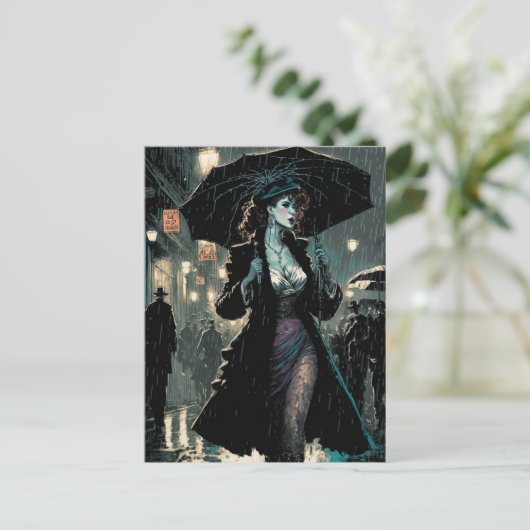 美しいヴィンテージの女性が雨の中を歩く ポストカード (スタンド正面)