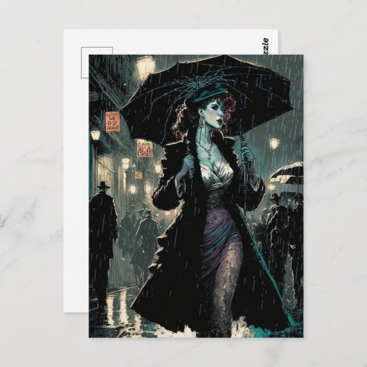 美しいヴィンテージの女性が雨の中を歩く ポストカード (正面/裏面)