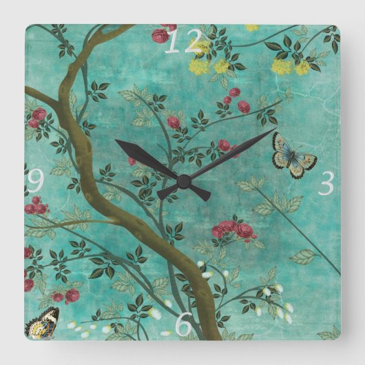美しいヴィンテージの旧式な花の木の蝶 スクエア壁時計 (正面)