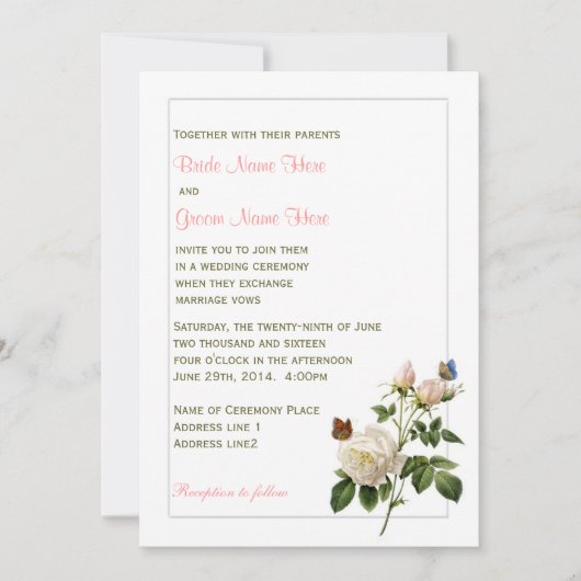 美しいヴィンテージの白いバラと蝶結婚の 招待状 (正面)