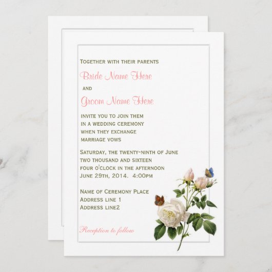 美しいヴィンテージの白いバラと蝶結婚の 招待状 (正面/裏面)