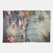 美しいヴィンテージの絵画植物性フラミンゴ キッチンタオル (横)