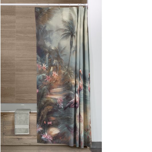 美しいヴィンテージの絵画植物性フラミンゴ シャワーカーテン