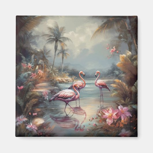 美しいヴィンテージの絵画植物性フラミンゴ マグネット (正面)