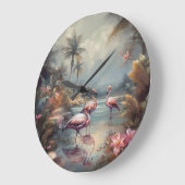 美しいヴィンテージの絵画植物性フラミンゴ ラージ壁時計 (傾斜)